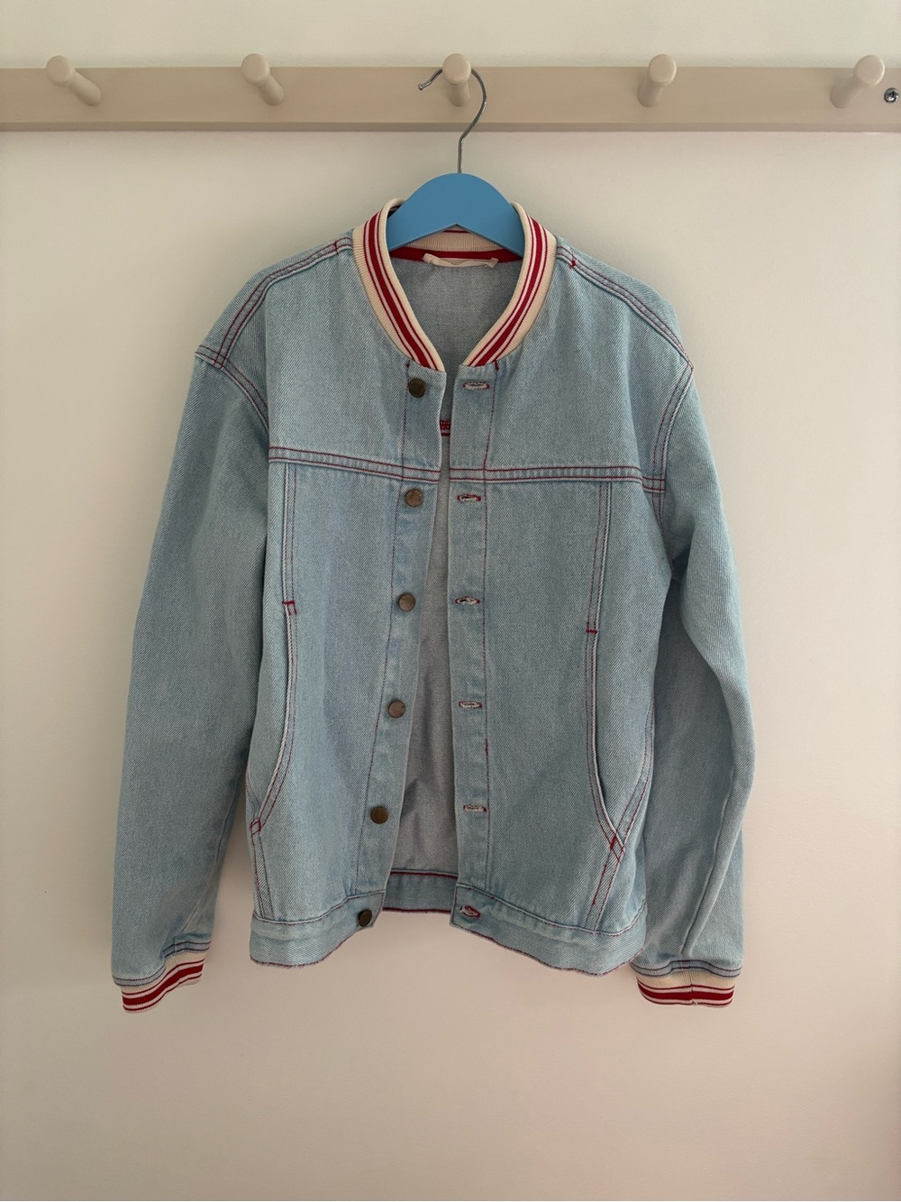 Fin & Vince Light Wash Denim Bomber Jacket with Red-Trim Collar